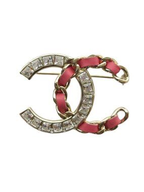 Chanel Pin Brooch Logo CC Line Stone Leather Pink Gold Color MQ AA